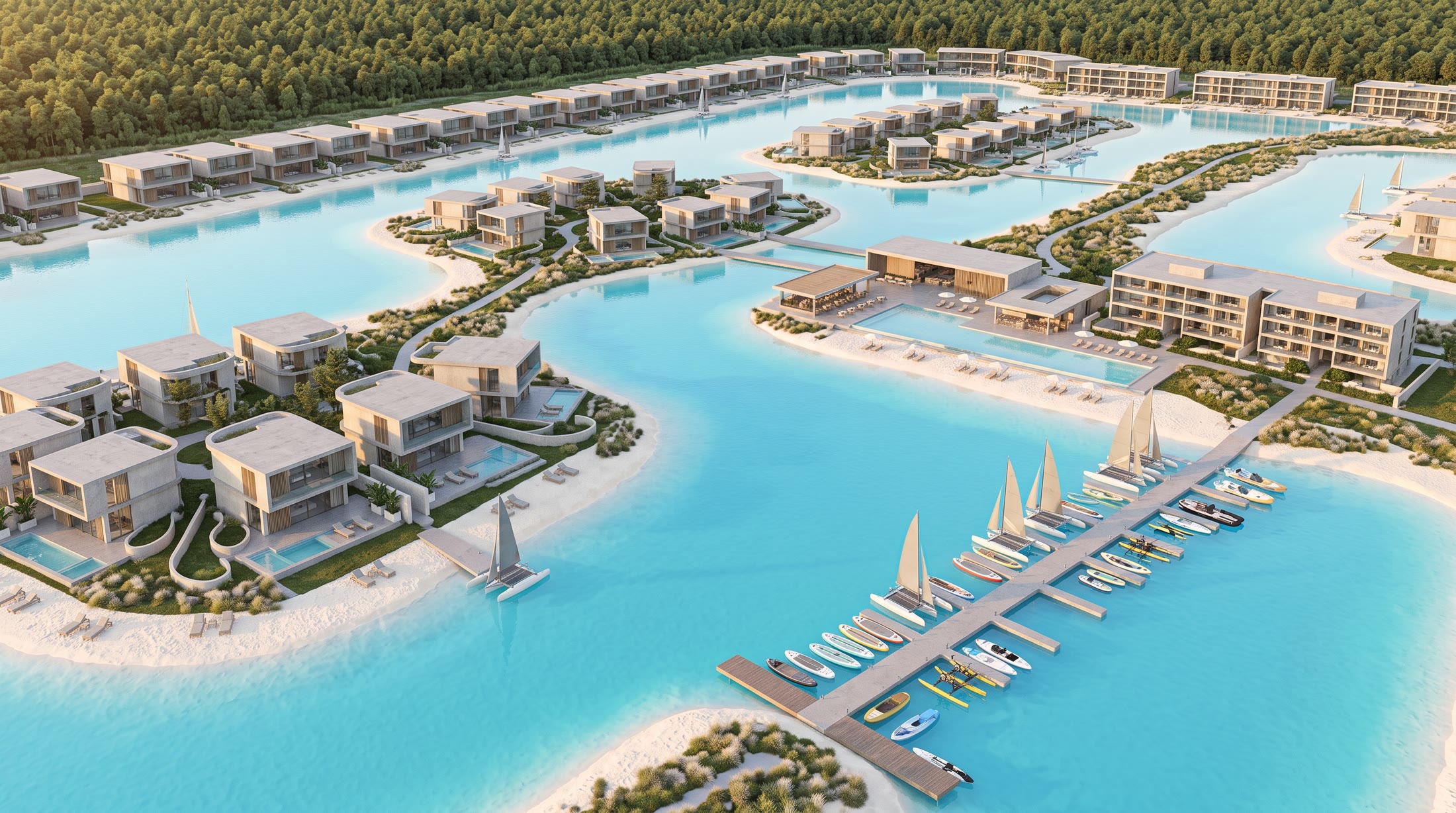 Artist visualization of a lagoon community: clusters of homes on sandy islands, a low pavilion with a terrace beside a pool, and a long dock lined with sailboats and paddleboards.
